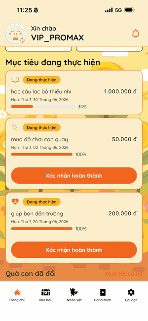Demo vòng lặp mỗi tối của con: đặt mục tiêu → chia tiền 4 ngăn → tích thói quen → chọn cảm xúc → nhật ký → đổi sao