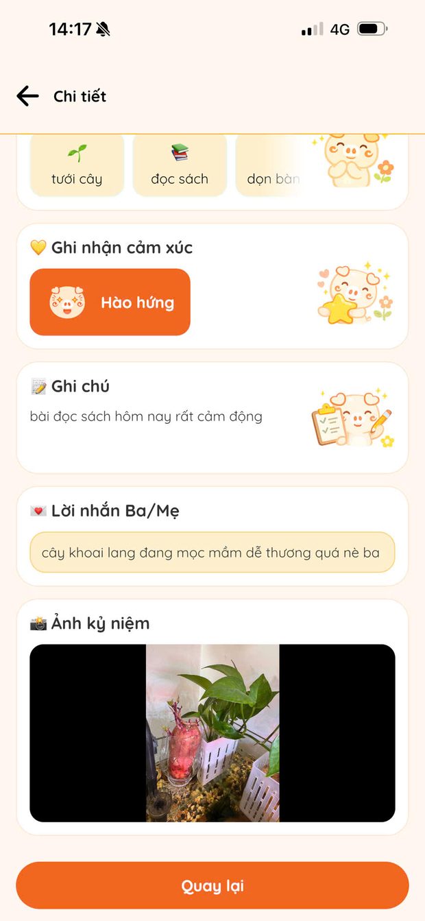 Chi tiết một ngày: việc đã làm, cảm xúc, ghi chú, lời nhắn ba mẹ và ảnh kỷ niệm